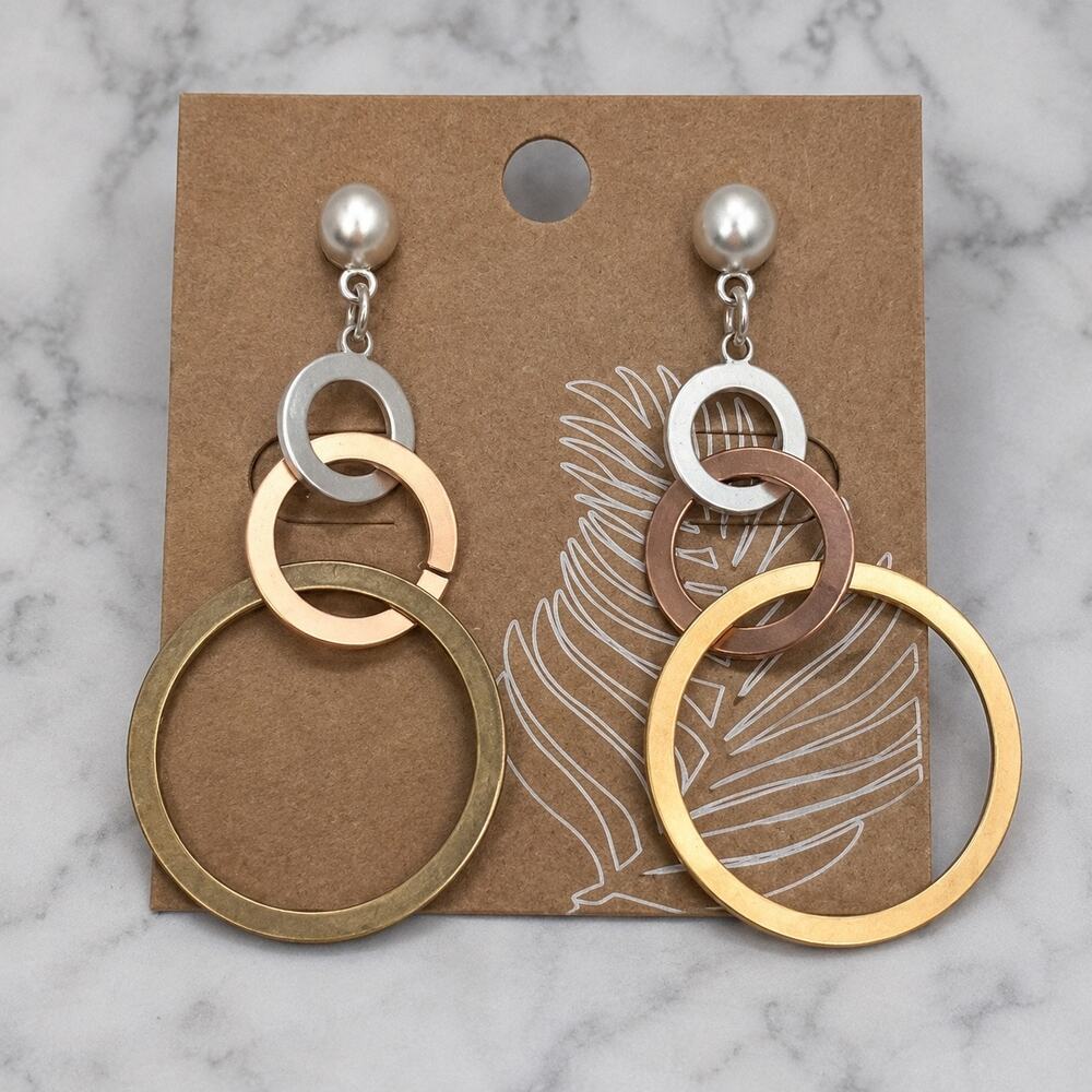 Gold Bronze Silver Circle Dangle Earrings Matte Mixed Metal Geometric Push Back